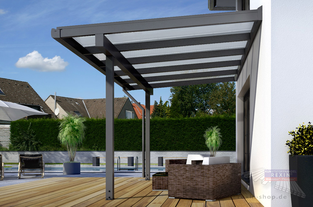 Einer unserer Bestseller: Alu-Terrassendach REXOclassic mit Stegplatten.
